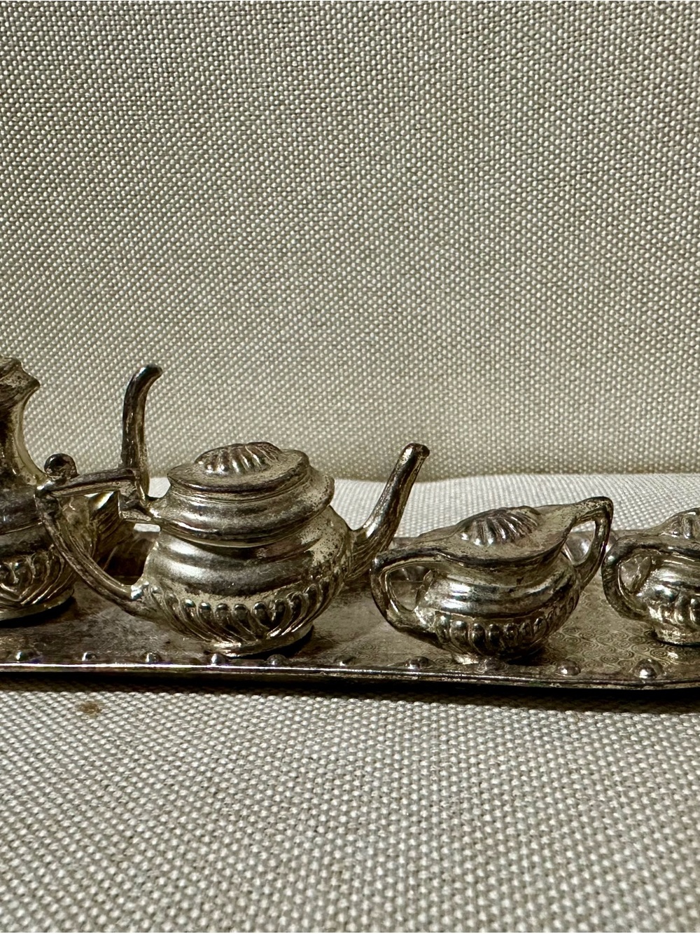 Vintage Silver Miniature Tea Set on Tray - Silver